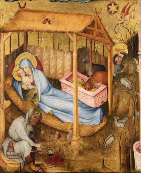 Middeleeuwse afbeelding met daarop Maria in de stal met Jezus in haar armen.