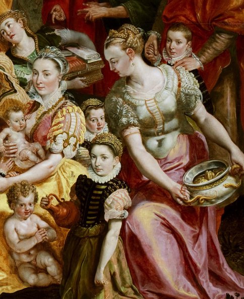 Detail: Mozes met de Tien Geboden omringd door Antwerpse families. Maerten de Vos