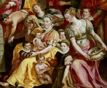 Mozes met de Tien Geboden omringd door Antwerpse families, Maerten de Vos, ca. 1574-1575. (detail)