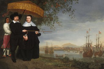 Een opperkoopman van de VOC met zijn vrouw en een tot slaaf gemaakte bediende, op de achtergrond Batavia en VOC-schepen, Aelbert Cuyp (omgeving van), c. 1650-1655.  Rijksmuseum Amste