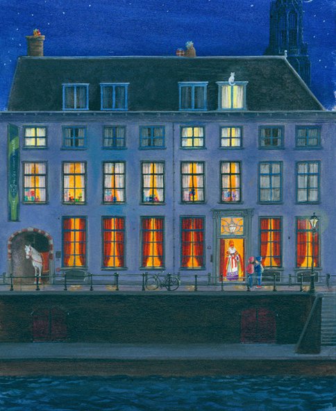 Tekening van Charlotte Dematons met het gebouw van Museum Catharijneconvent als Huis van Sinterklaas